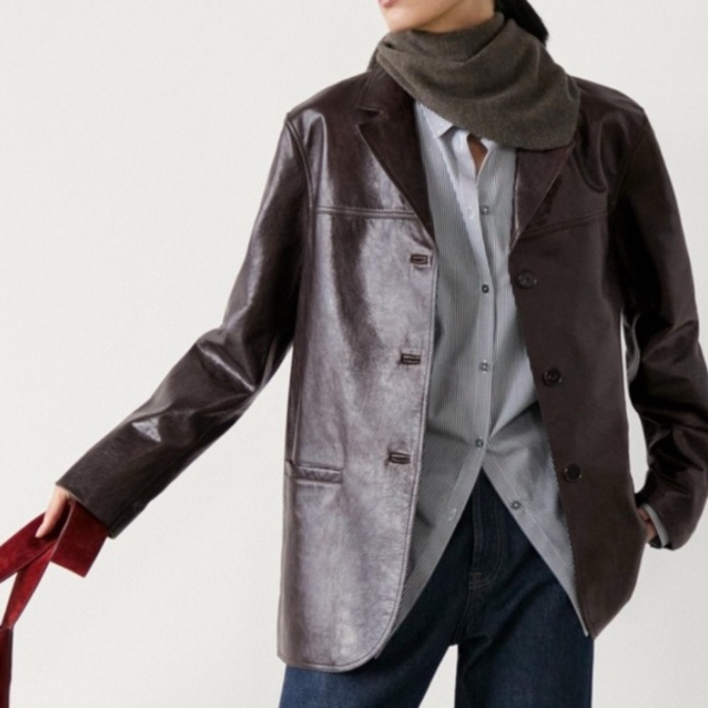 MASSIMO DUTTI Brown Textured Napa Leather Blazer Jacket | NWOT S